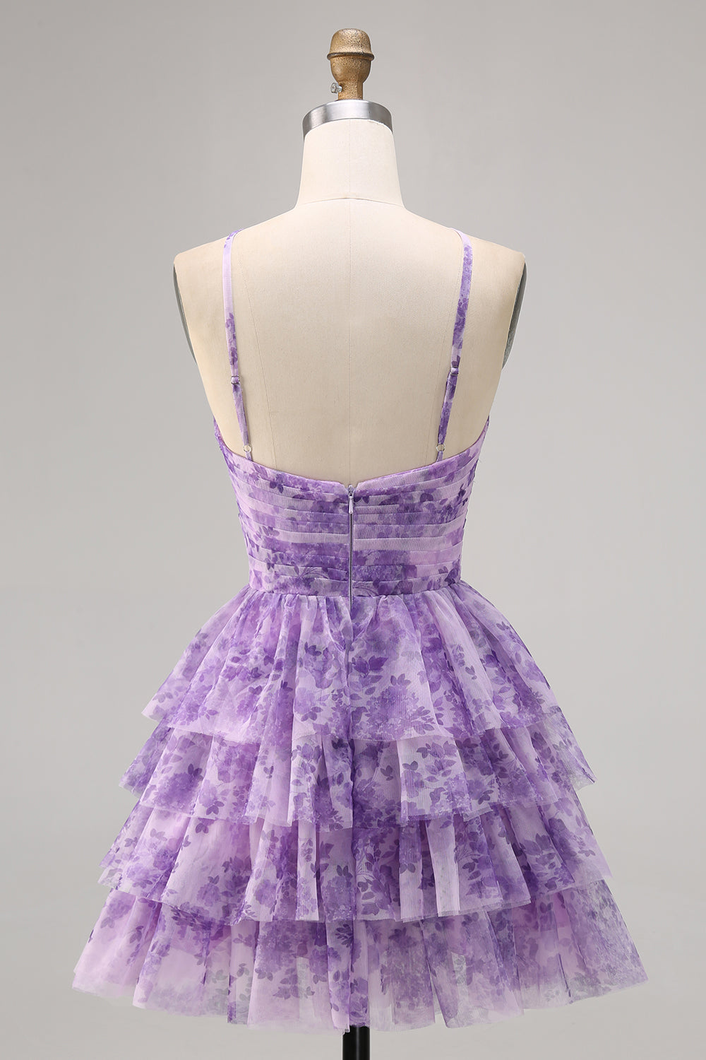 Purple Printed A Line Tiered Floral Short Cocktail Dress