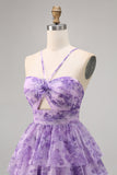 Purple Printed A Line Tiered Floral Short Cocktail Dress