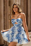 White Blue Flower Tiered Cut Out A-line Short Homecoming Dress