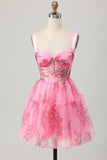 Pink Floral A-Line Spaghetti Straps Corset Short Homecoming Dress