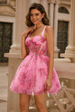 Pink Floral A-Line Spaghetti Straps Corset Short Homecoming Dress