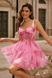 Pink Floral A-Line Spaghetti Straps Corset Short Homecoming Dress