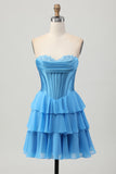 Blue Ruched Ruffled Sweetheart Short Corset Cocktail Dress with Appliques