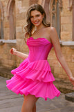 Strapless Fuchsia Corset Tiered A Line Short Homecoming Dress