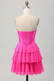 Fuchsia Ruched Sweetheart Short Corset Cocktail Dress with Appliques