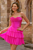 Strapless Fuchsia Corset Tiered A Line Short Homecoming Dress