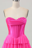 Fuchsia Ruched Sweetheart Short Corset Cocktail Dress with Appliques