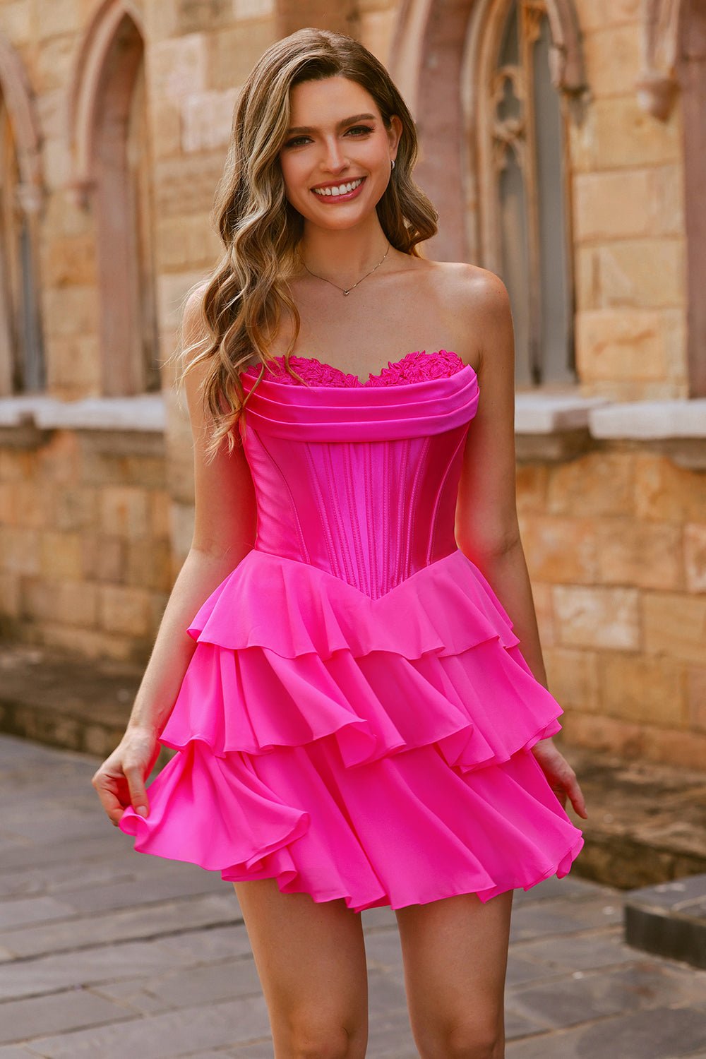 Strapless Fuchsia Corset Tiered A Line Short Homecoming Dress