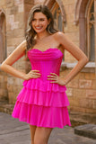 Strapless Fuchsia Corset Tiered A Line Short Homecoming Dress