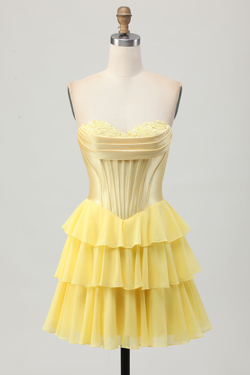 Yellow Strapless Corset A Line Tiered Short Cocktail Dress