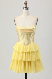 Yellow Strapless Corset A Line Tiered Short Cocktail Dress