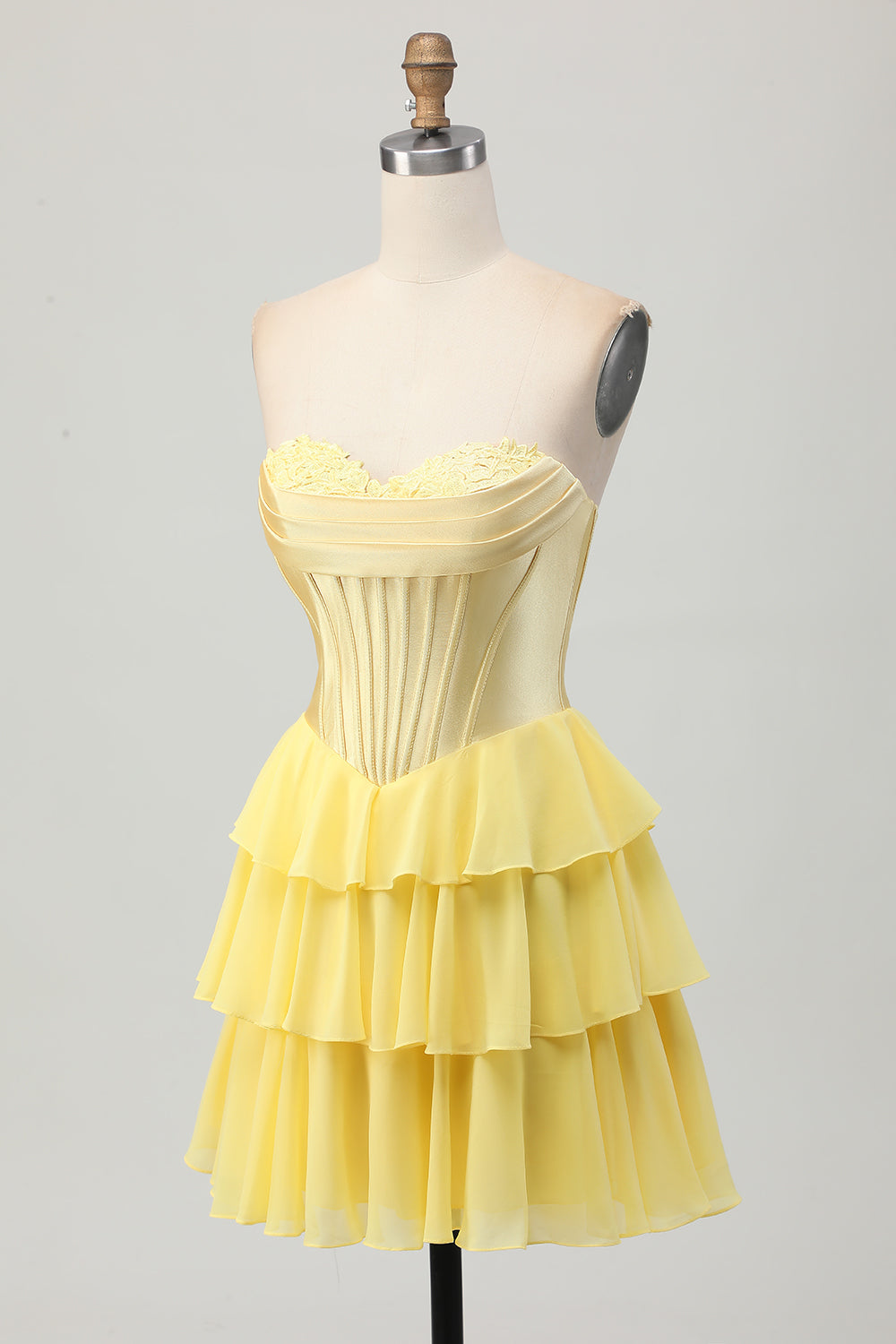 Yellow Strapless Corset A Line Tiered Short Cocktail Dress