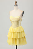 Yellow Strapless Corset A Line Tiered Short Cocktail Dress