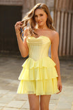 Strapless Yellow Corset A Line Tiered Short Homecoming Dress