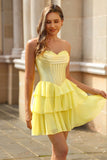 Strapless Yellow Corset A Line Tiered Short Homecoming Dress