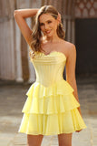 Strapless Yellow Corset A Line Tiered Short Homecoming Dress