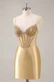 Sparkly Golden Corset Bodycon Beaded Short Cocktail Dress