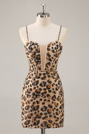 Sparkly Kahki Leopard Corset Short Cocktail Dress with Sequins
