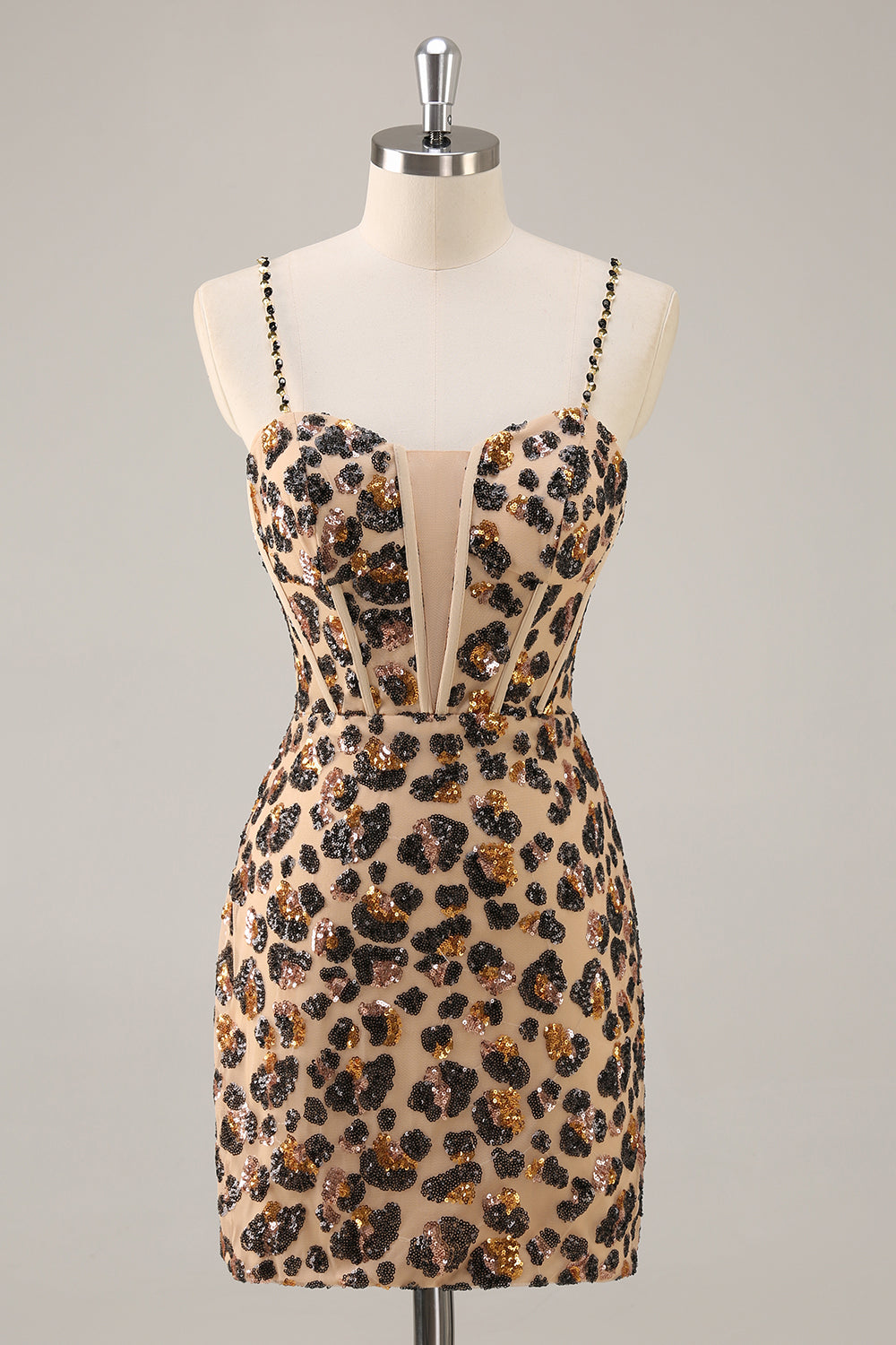 Kahki Leopard Corset Bodycon Homecoming Dress with Sequins