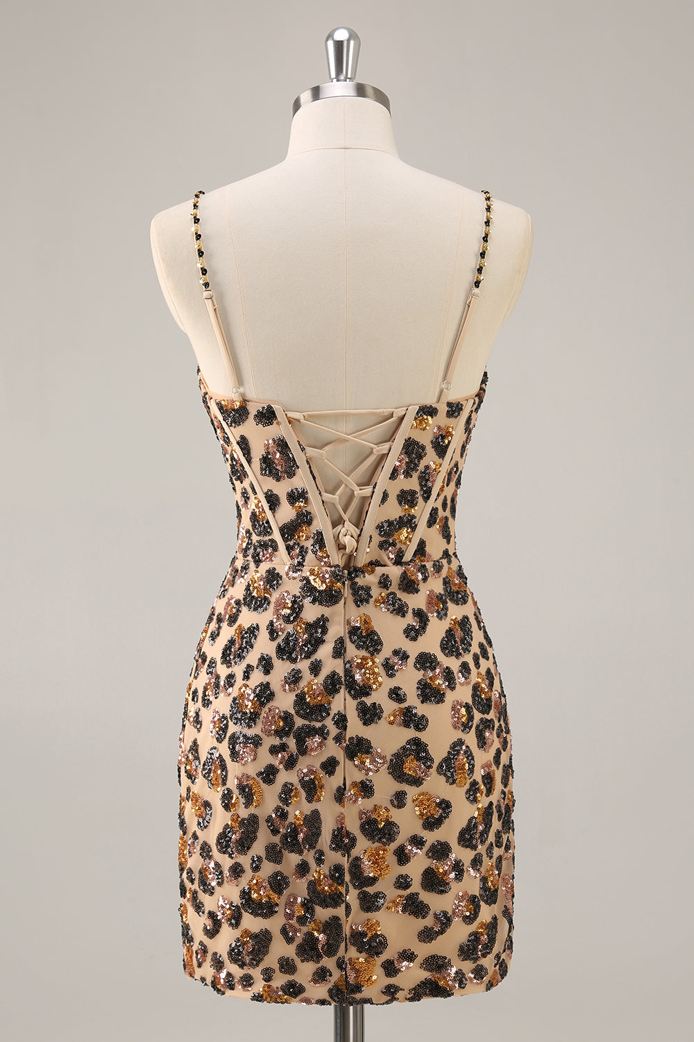 Sparkly Kahki Leopard Corset Short Cocktail Dress with Sequins