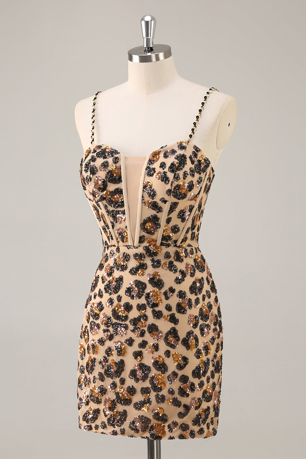 Sparkly Kahki Leopard Corset Short Cocktail Dress with Sequins