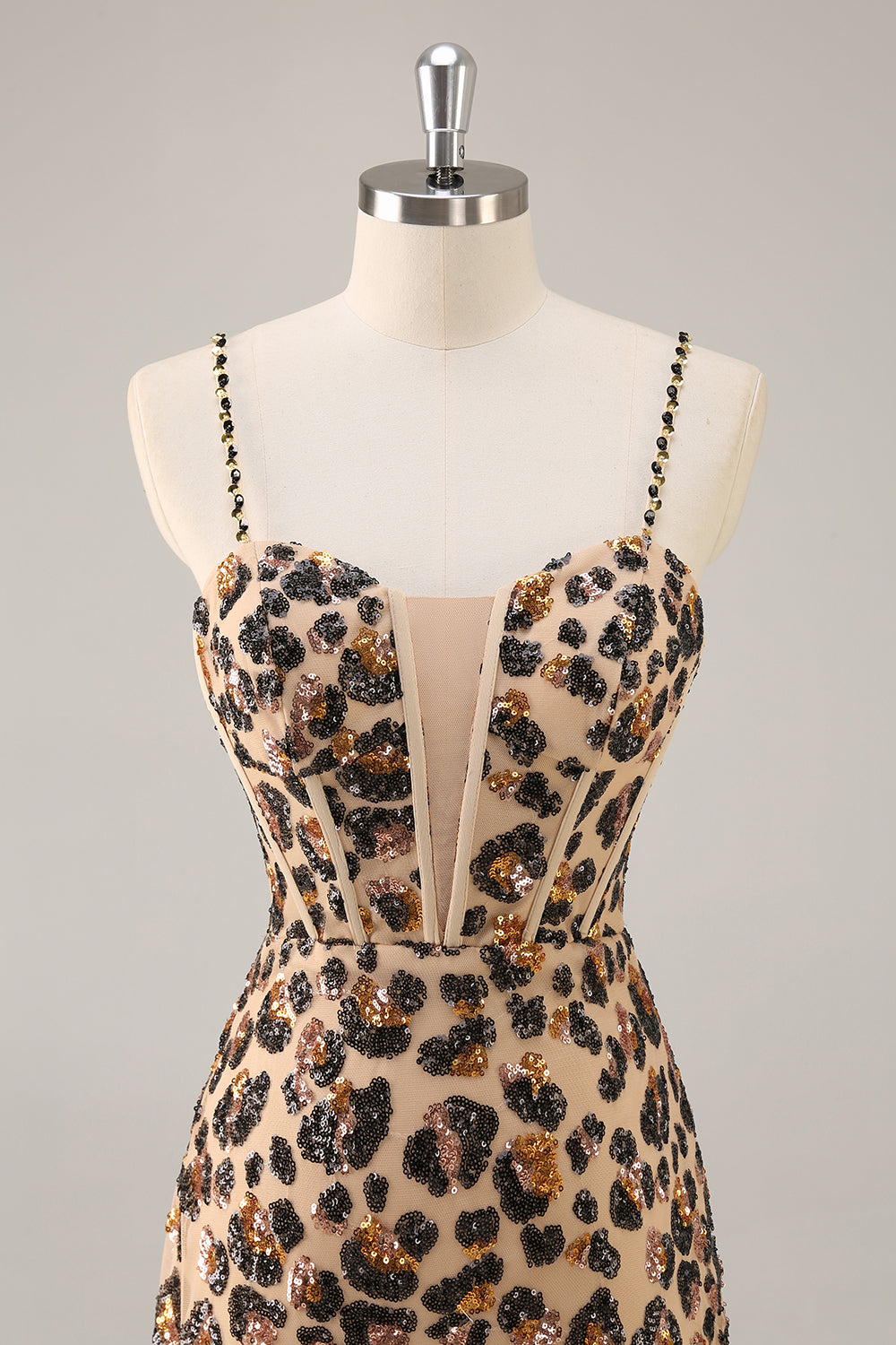 Sparkly Kahki Leopard Corset Short Cocktail Dress with Sequins