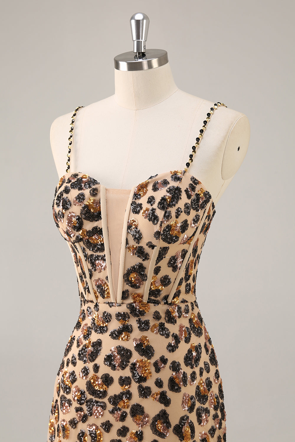 Sparkly Kahki Leopard Corset Short Cocktail Dress with Sequins