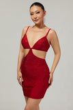 Chic Bodycon Spaghetti Straps Beaded Cut Out Red Homecoming Dress