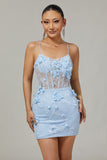 Sparkly Blue Bodycon Corset Sequins Short Cocktail Dress with 3D Flowers