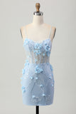 Sparkly Blue Bodycon Corset Sequins Short Cocktail Dress with 3D Flowers