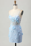 Sparkly Blue Bodycon Corset Sequins Short Cocktail Dress with 3D Flowers