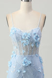 Sparkly Blue Bodycon Corset Sequins Short Cocktail Dress with 3D Flowers