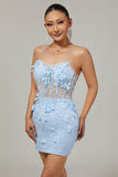 Sparkly Blue Bodycon Corset Sequins Short Cocktail Dress with 3D Flowers