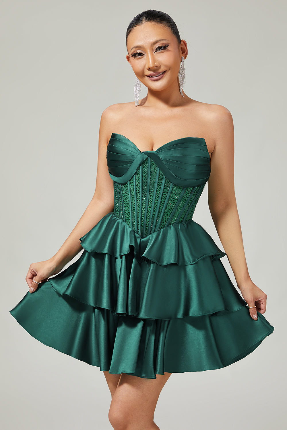Strapless A Line Green Corset Homecoming Dress with Beading