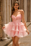Blush A-Line Strapless Tiered Homecoming Dress with 3D Flowers