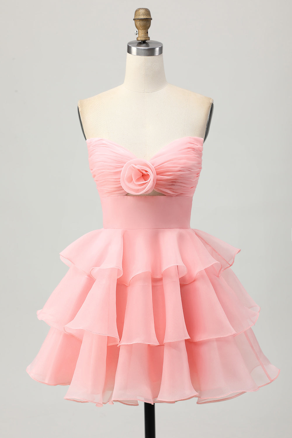 Blush A-Line Strapless Tiered Homecoming Dress with 3D Flowers