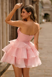 Blush A-Line Strapless Tiered Homecoming Dress with 3D Flowers