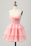 Blush A-Line Strapless Tiered Homecoming Dress with 3D Flowers