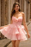 Blush A-Line Strapless Tiered Homecoming Dress with 3D Flowers