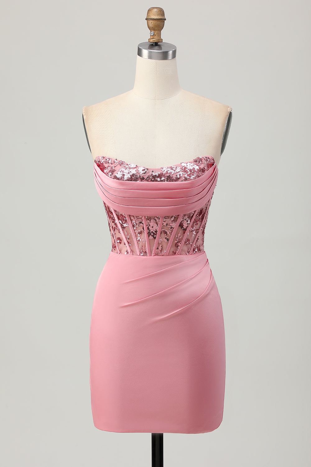 Sparkly Blush Bodycon Ruched Strapless Short Corset Cocktail Dress with Sequins