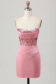 Sparkly Blush Bodycon Ruched Strapless Short Corset Cocktail Dress with Sequins