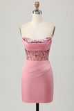 Sparkly Blush Bodycon Ruched Strapless Short Corset Cocktail Dress with Sequins
