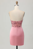 Sparkly Blush Bodycon Ruched Strapless Short Corset Cocktail Dress with Sequins