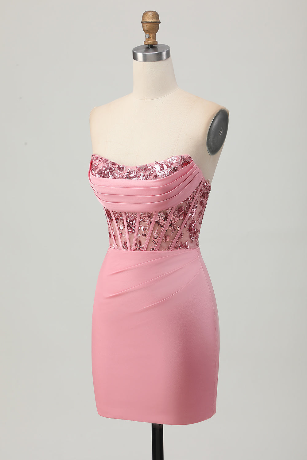 Sparkly Blush Bodycon Ruched Strapless Short Corset Cocktail Dress with Sequins