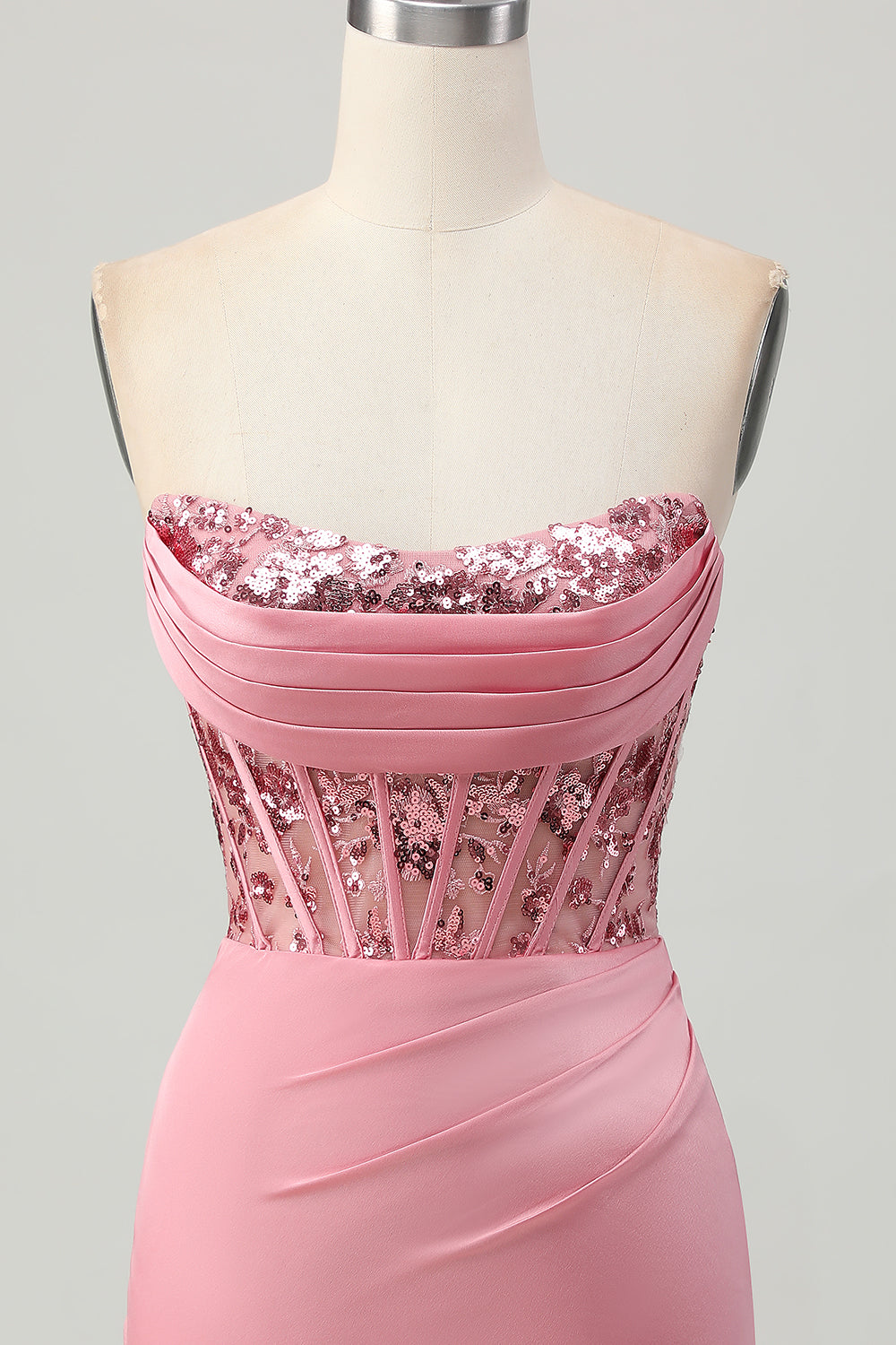 Sparkly Blush Bodycon Ruched Strapless Short Corset Cocktail Dress with Sequins