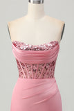 Sparkly Blush Bodycon Ruched Strapless Short Corset Cocktail Dress with Sequins