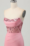 Sparkly Blush Bodycon Ruched Strapless Short Corset Cocktail Dress with Sequins