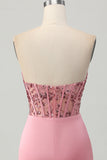 Sparkly Blush Bodycon Ruched Strapless Short Corset Cocktail Dress with Sequins