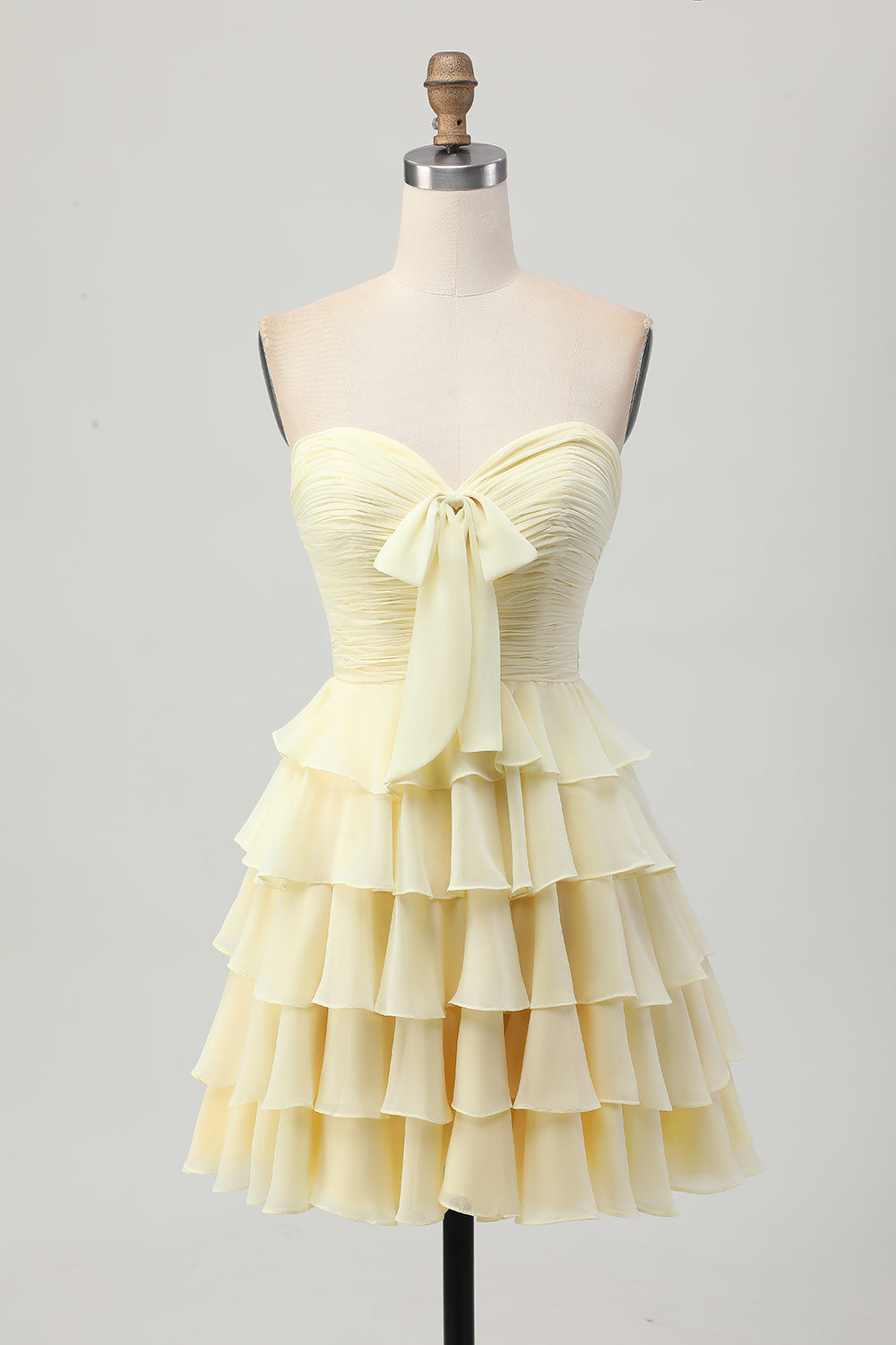 Yellow Sweetheart A Line Tiered Short Cocktail Dress with Bow