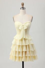 Yellow Sweetheart A Line Tiered Short Cocktail Dress with Bow